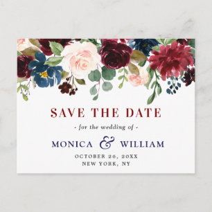 Burgundy Navy Blue Blush Wedding Save the Date Postcard