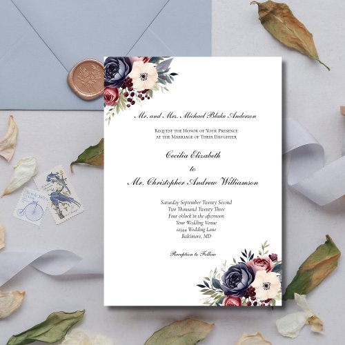 Burgundy Navy Blue Cream Floral Formal Wedding Invitation