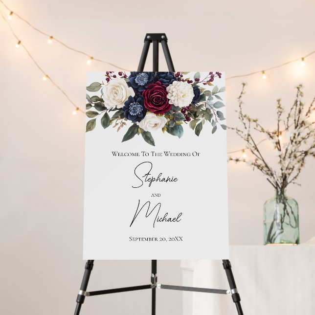 Burgundy Navy Blue Cream White Floral Wedding Sign (In Situ (Stand))