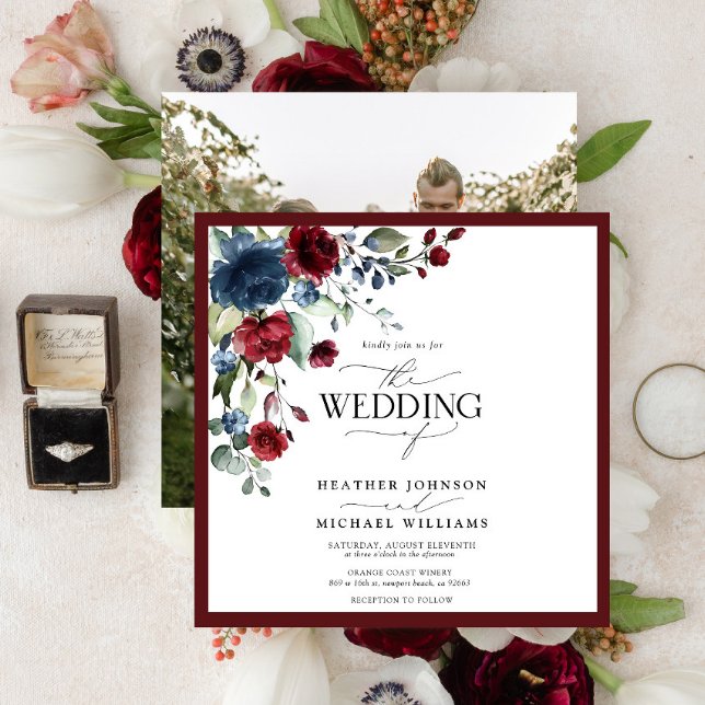 Burgundy Navy Blue Elegant Floral Watercolor Photo Invitation (Creator Uploaded)