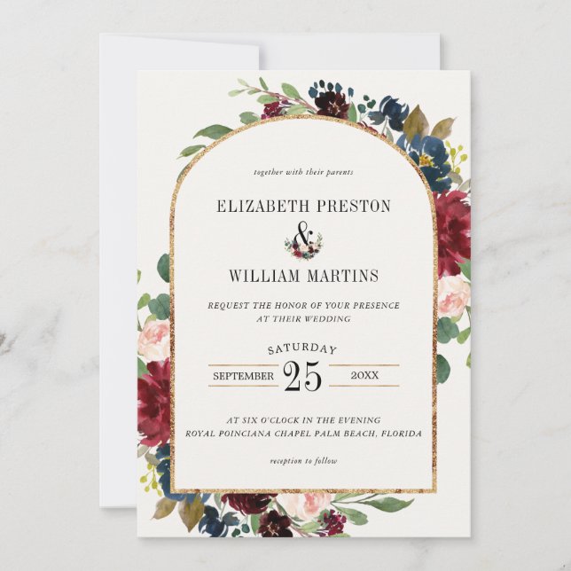 Burgundy Navy Blue Floral Arch Frame Photo Wedding Invitation (Front)