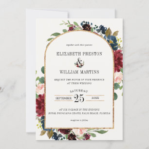 Burgundy Navy Blue Floral Arch Frame Photo Wedding Invitation