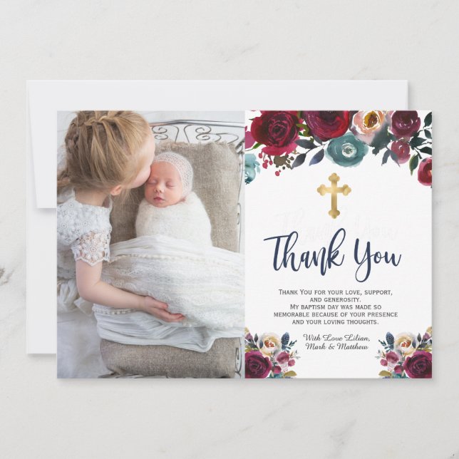 Burgundy Navy Blue Floral Baptism Thank You Cards (Front)