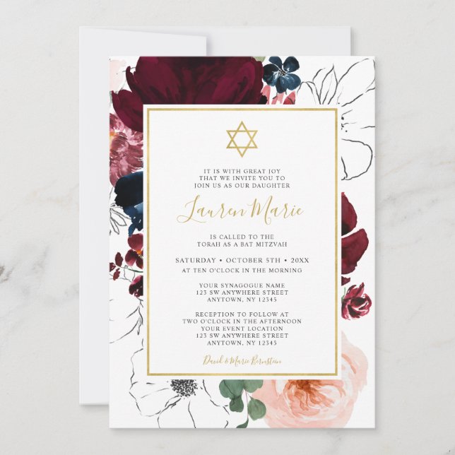 Burgundy Navy Blue Floral Bat Mitzvah Invitation (Front)