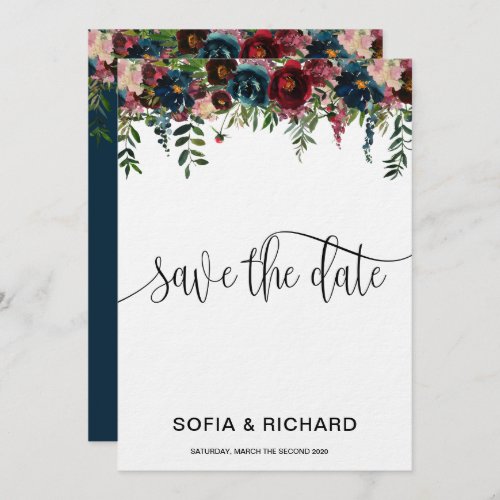 Burgundy Navy Blue Floral Botanical Calligraphy Invitation