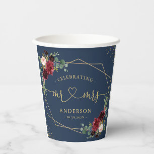 Burgundy Navy Blue Floral Bride and Groom Wedding Paper Cups