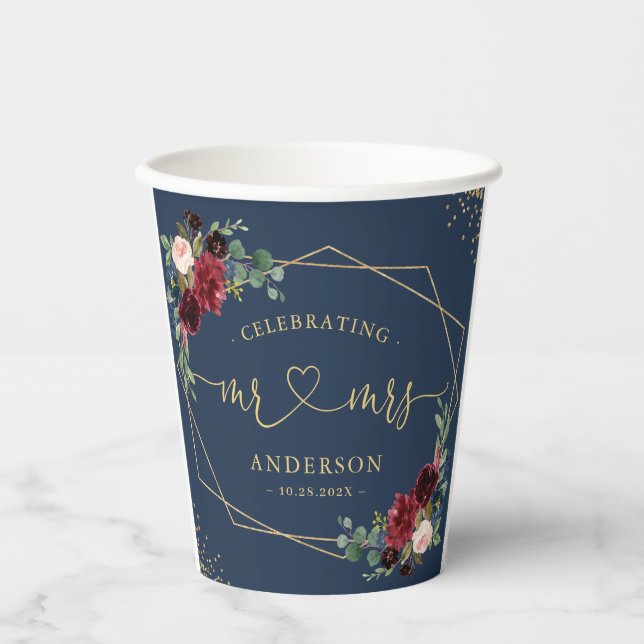 Burgundy Navy Blue Floral Bride and Groom Wedding Paper Cups (Front)