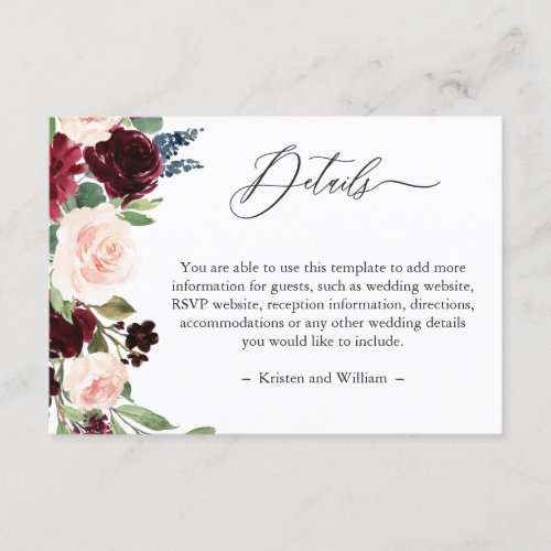 Burgundy Navy Blue Floral Chic Wedding Details Enclosure Card