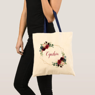Burgundy Navy Blue Floral Classy Geometric Frame Tote Bag