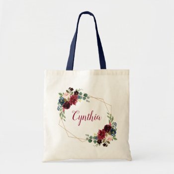 Burgundy Navy Blue Floral Classy Geometric Frame Tote Bag by CardHunter at Zazzle