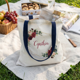 Burgundy Navy Blue Floral Classy Geometric Frame Tote Bag