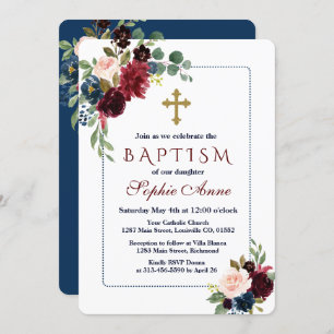 Burgundy Navy Blue Floral Dotted Frame Baptism Invitation