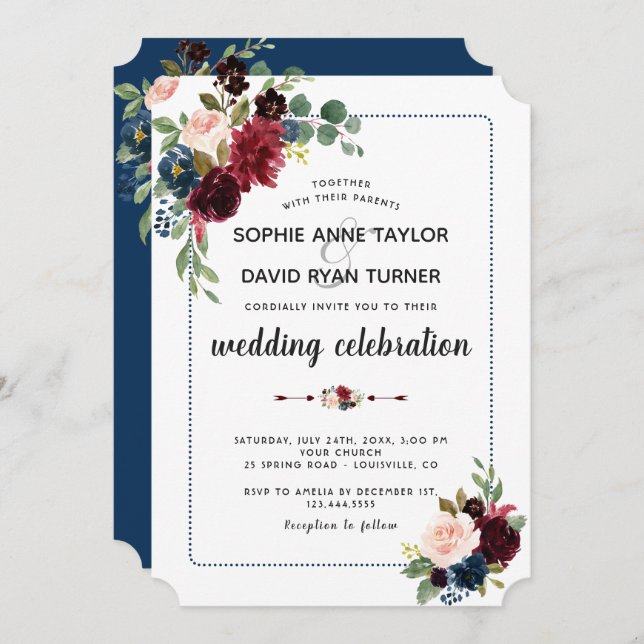 Burgundy Navy Blue Floral Dotted Frame Wedding Invitation (Front/Back)