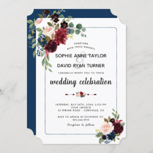 Burgundy Navy Blue Floral Dotted Frame Wedding Invitation