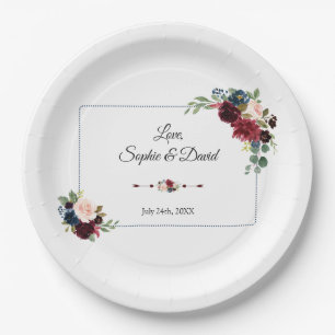 Burgundy Navy Blue Floral Dotted Frame Wedding Paper Plates