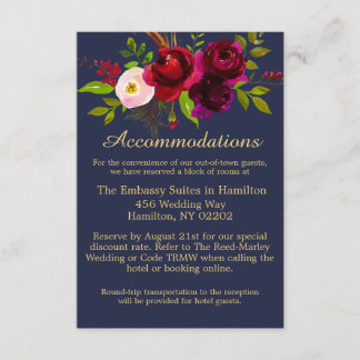 Burgundy Navy Blue Floral Elegant Script Enclosure Card