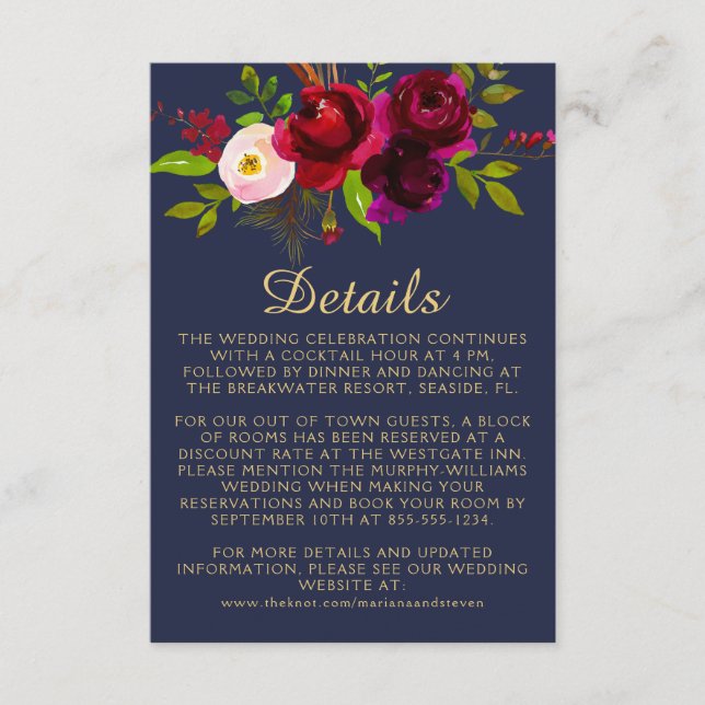 Burgundy Navy Blue Floral Elegant Script Enclosure Card (Front)