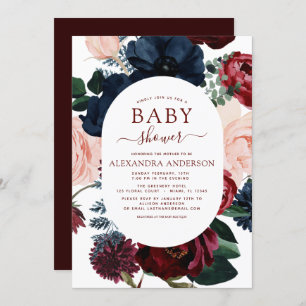 Burgundy Navy Blue Floral Eucalyptus Baby Shower Invitation
