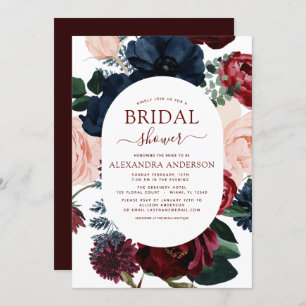 Burgundy Navy Blue Floral Eucalyptus Bridal Shower Invitation
