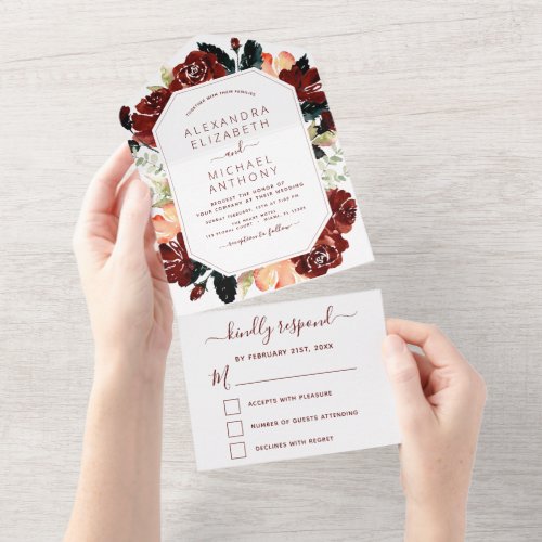 Burgundy Navy Blue Floral Eucalyptus Wedding All I All In One Invitation