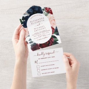 Burgundy Navy Blue Floral Eucalyptus Wedding All In One Invitation