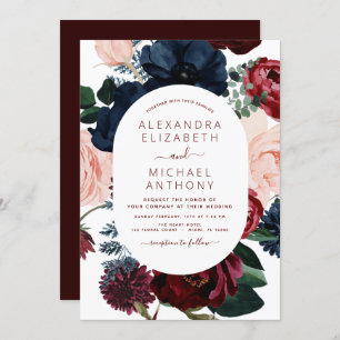 Burgundy Navy Blue Floral Eucalyptus Wedding Invit Invitation