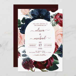 Burgundy Navy Blue Floral Eucalyptus Wedding Invitation