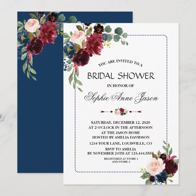 Burgundy Navy Blue Floral Frame Bridal Shower Invitation (Front/Back)