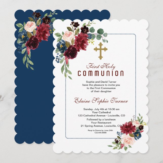 Burgundy Navy Blue Floral Frame Holy Communion Invitation (Front/Back)