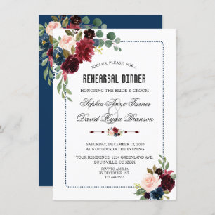 Burgundy Navy Blue Floral Frame Rehearsal Dinner Invitation