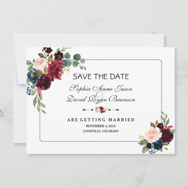 Burgundy Navy Blue Floral Frame Save The Date (Front)
