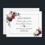 Burgundy Navy Blue Floral Frame Save The Date<br><div class="desc">Elegant card design featuring gorgeous watercolour Burgundy blush flowers bouquets, floral divider, beautiful blue dotted frame on white background; on the bak the same flowers on a navy blue background. Use Customize tool to add your info, make changes. For matching items, please, visit my Burgundy Navy Blue Floral Frame Collection....</div>