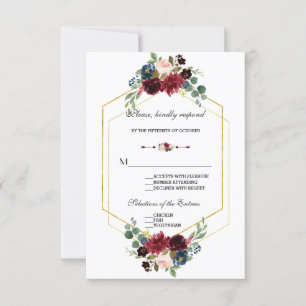 Burgundy Navy Blue Floral Frame Wedding RSVP