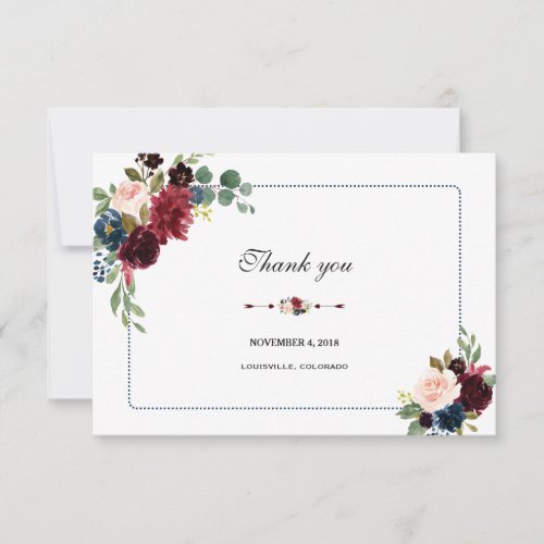 Burgundy Navy Blue Floral Frame Wedding RSVP Thank You Card