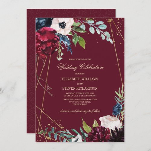 Burgundy  Navy Blue Floral Geometric Wedding Invitation