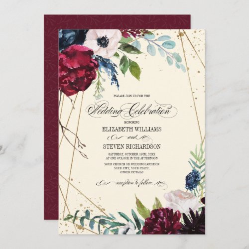 Burgundy  Navy Blue Floral Geometric Wedding Invitation