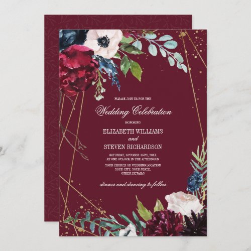 Burgundy  Navy Blue Floral Geometric Wedding Invitation