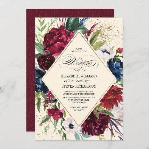 Burgundy  Navy Blue Floral Geometric Wedding Invitation