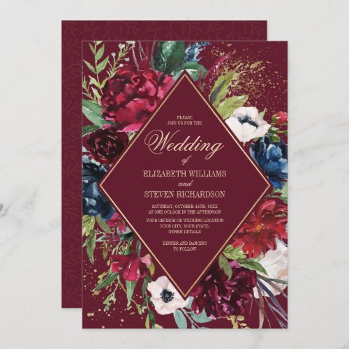 Burgundy  Navy Blue Floral Geometric Wedding Invitation