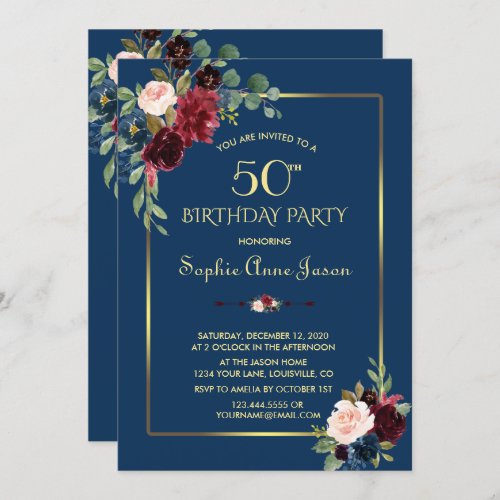 Burgundy Navy Blue Floral Gold Frame 50th Birthday Invitation