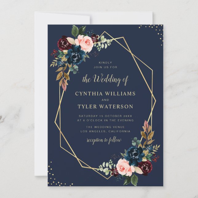 burgundy & navy blue floral gold geometric wedding invitation (Front)