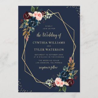 burgundy & navy blue floral gold geometric wedding invitation