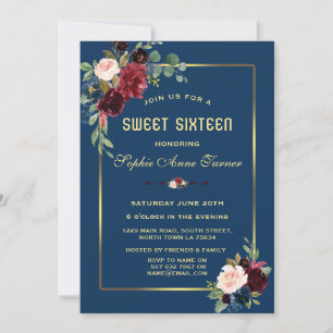 Burgundy Navy Blue Floral Golden Frame Sweet 16 Invitation