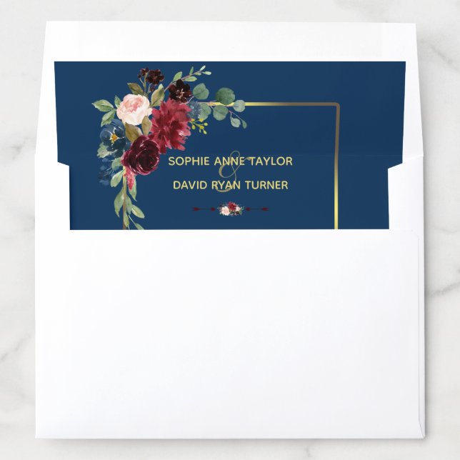 Burgundy Navy Blue Floral Golden Frame Wedding Envelope Liner (In Envelope)