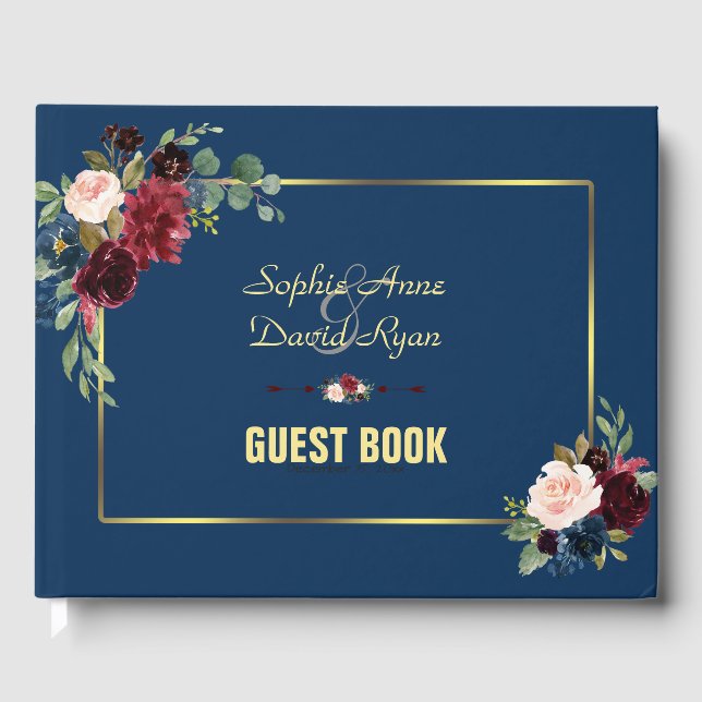 Burgundy Navy Blue Floral Golden Frame Wedding Guest Book (Front)