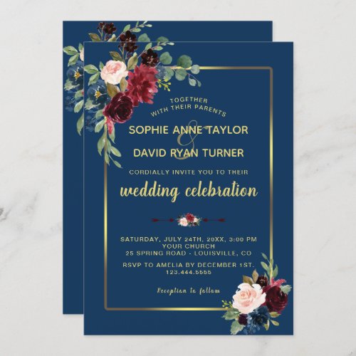 Burgundy Navy Blue Floral Golden Frame Wedding Invitation