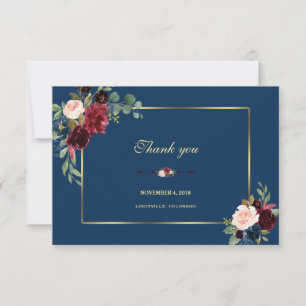 Burgundy Navy Blue Floral Golden Frame Wedding Thank You Card