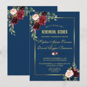 Burgundy Navy Blue Floral Golden Rehearsal Dinner Invitation