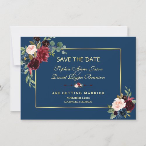 Burgundy Navy Blue Floral Golden Save The Date