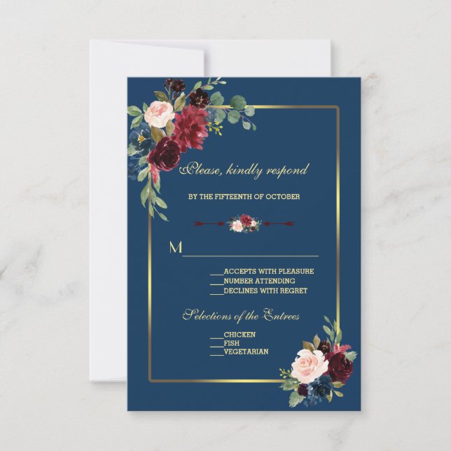 Burgundy Navy Blue Floral Golden Wedding RSVP Card (Front)